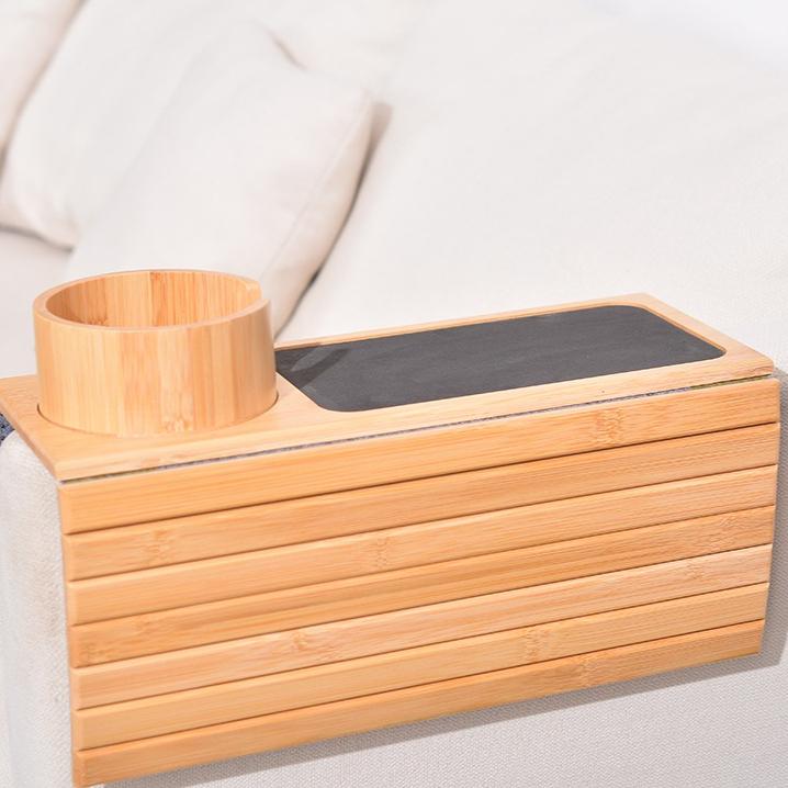 Bamboo Couch Cup Holder with Side Storage Pocket Anti-Slip Bamboo Sofa Armrest Tray Foldable Sofa Cup Holder for Cup Snack Drink