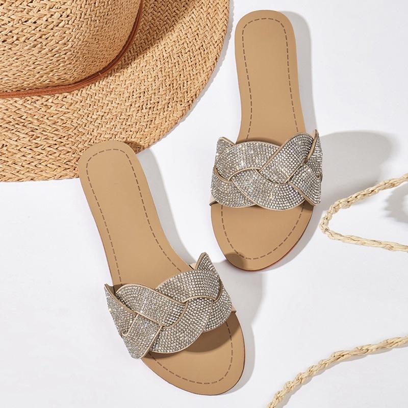 

Женские шлепанцы с круглым носком, сандалии на плоской подошве, тапочки с кристаллами, лаконичный брендовый дизайн, женская модная повседневная обувь, летняя абрикосовая обувь 42 35 миндальный