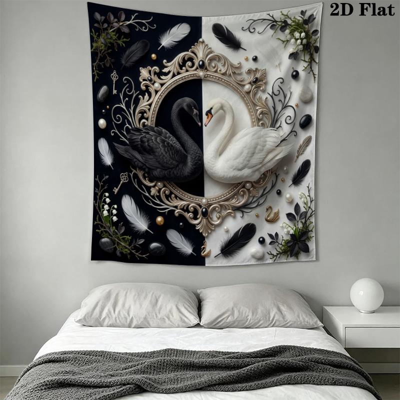 Black&White Swan Wall Tapestry Aesthetic Wall Hanging Printed Fabric Blanket Decorative Tapestries for Bedroom Living Room Home Decor