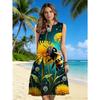 Ärmelloses Damenkleid mit geteiltem Ausschnitt, Grafikdruck mit Biene und Pusteblume, Lässiges lockeres knielanges Kleid für Sommerurlaub, Strand & Alltag