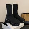 New Thick-Soled Platform Heel Riveted  Ankle Boot Punk-Style Women'S Fall-Winter Stretch Short Boots Heightening Plus Size 42