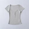 Women's Sweetheart Neck Short Sleeve T Shirt Slim Fit Basic Solid Color Tee