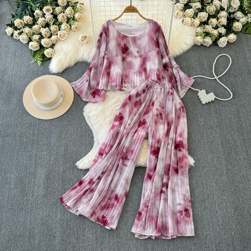 

Dopamine Adult Lady like Woman Pure Desire Fashion Two-Piece Suit Female 2024 Summer Loose Tie-Dye Tops + High Waist Drooping Pants Purple All yards