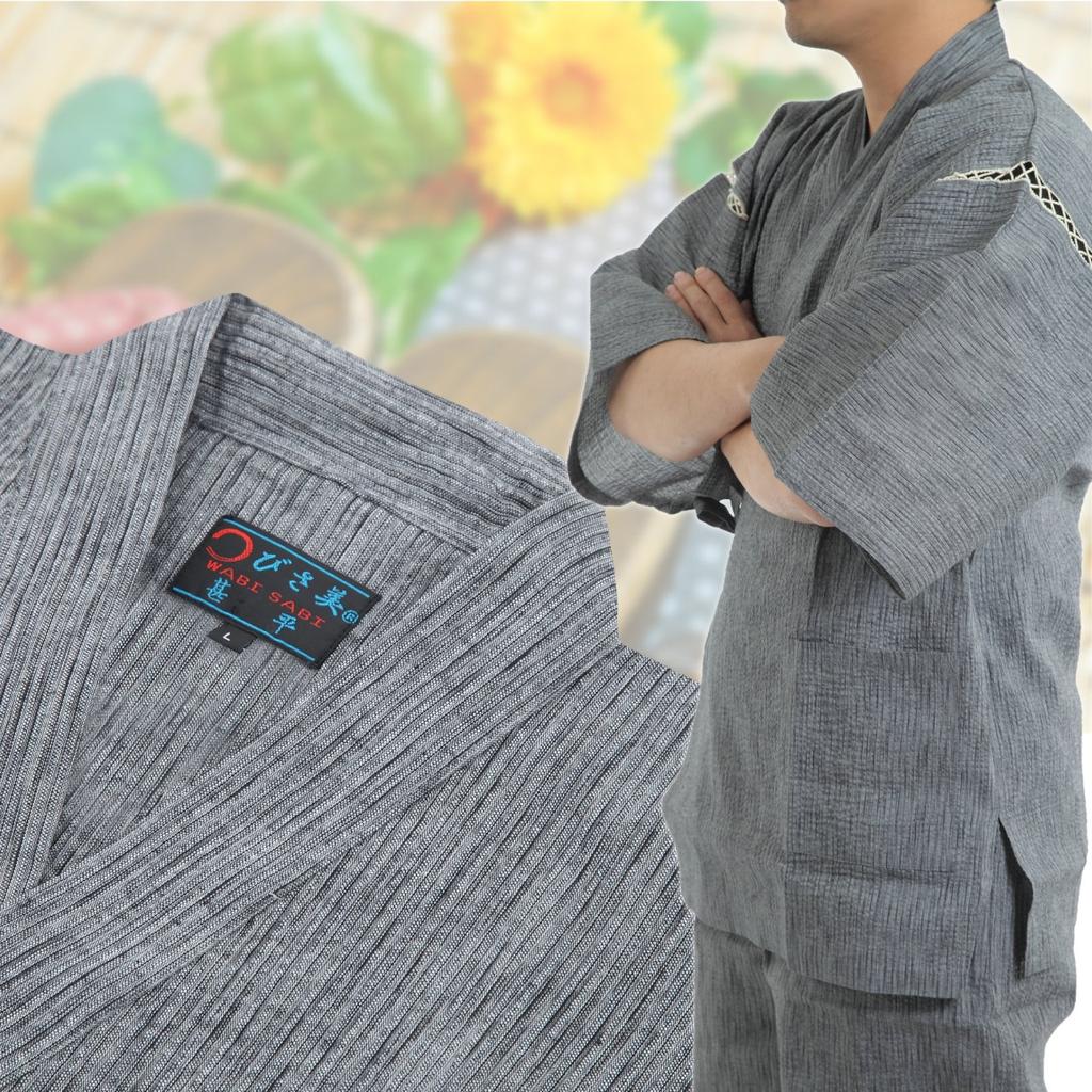 Edoten Herren Jinbei aus Shijira-Webstoff, Kühle Sommerbekleidung, 100% Baumwolle, Original bedrucktes Retro-Goldfischmuster, Hellgrau, Größe M