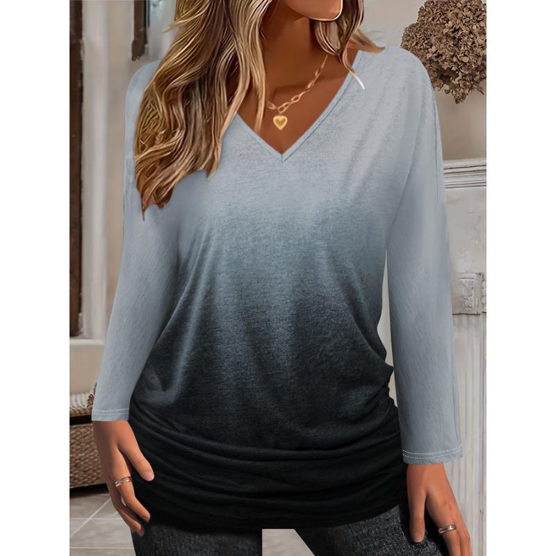 Women's 2025 Basic V-Neck Long Sleeve,Gradient Printed Polyester Relaxed Fit Tee Shirt, Spring Autumn Casual Comfort Tops