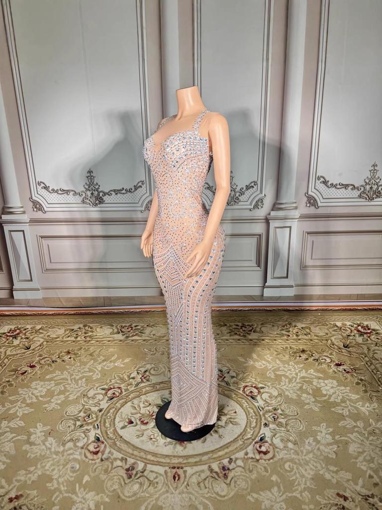 2026 European & American Women's Mesh See-Through Hot Drilling Long Evening Party Dress