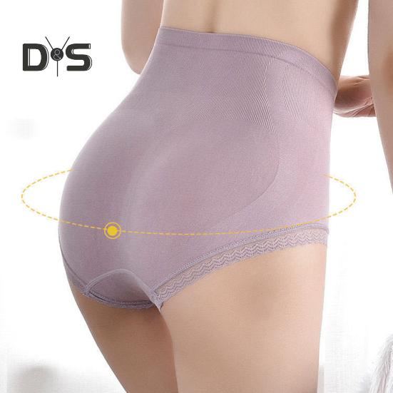 Women High Waist Seamless Panties Hip Lifting Tummy Control Lace Trim Ribbed Briefs Elastic Skinny Underpants