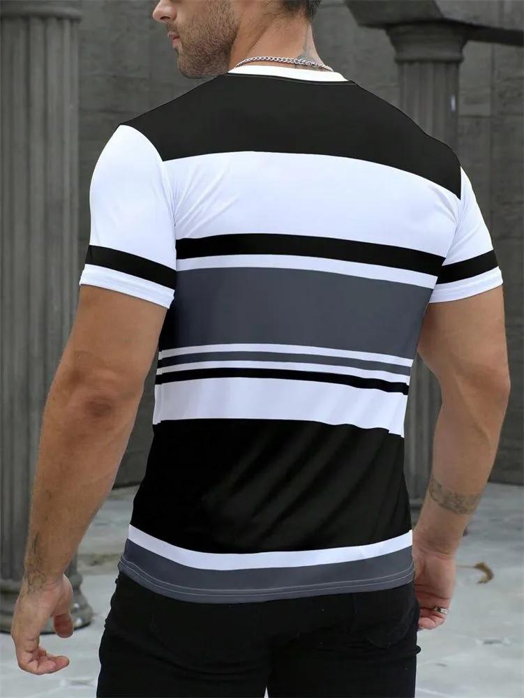 Simple Striped 3D Printed Men's T-shirt, Summer Casual Short-sleeved T-shirt, Street Style Crew Neck Pullover, Men's Loose Clothing
