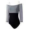 Womens Ballet Dance Leotard With Colorblock Design 7/8 Sleeve Off-Shoulder Cut Stretchy Nylon Blend Studio Practice