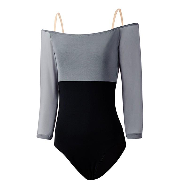 Womens Ballet Dance Leotard With Colorblock Design 7/8 Sleeve Off-Shoulder Cut Stretchy Nylon Blend Studio Practice