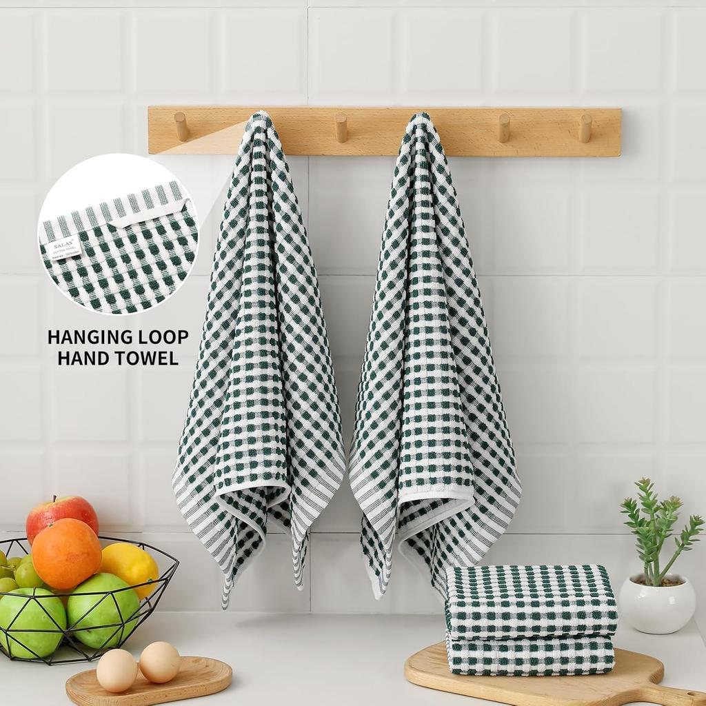 SALAS Cotton Dish Towels Cloths for Kitchen Drying Dishes, Lattice Terry Towels, Highly Absorbent Kitchen Cloths with Hanging Loop, 16‘’ x