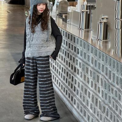 2025 Autumn Fashion: Girls’ Korean-Style Sweater Vest & Striped Wide-Leg Pants Set