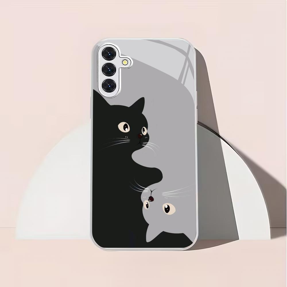 Cute Cartoon Cat Silver Plated Glass Phone Case Suitable for Samsung Galaxy S26 S25 S24 S22 S21 S20 FE/Ultra/Plus Anti Fall