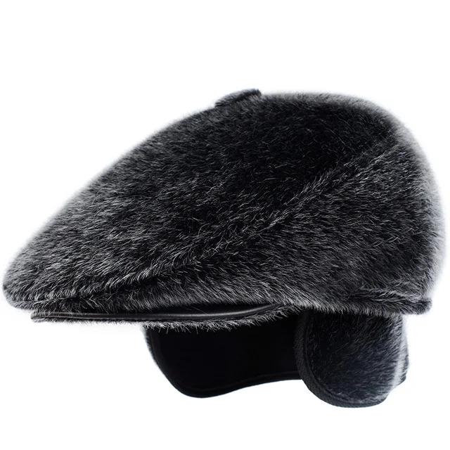 Winter Faux Fur Newsboy Hat With Earflaps Beret Cap for The Elderly Peaked Cap Winter Warm for Old Men Flat Cap 57-59cm