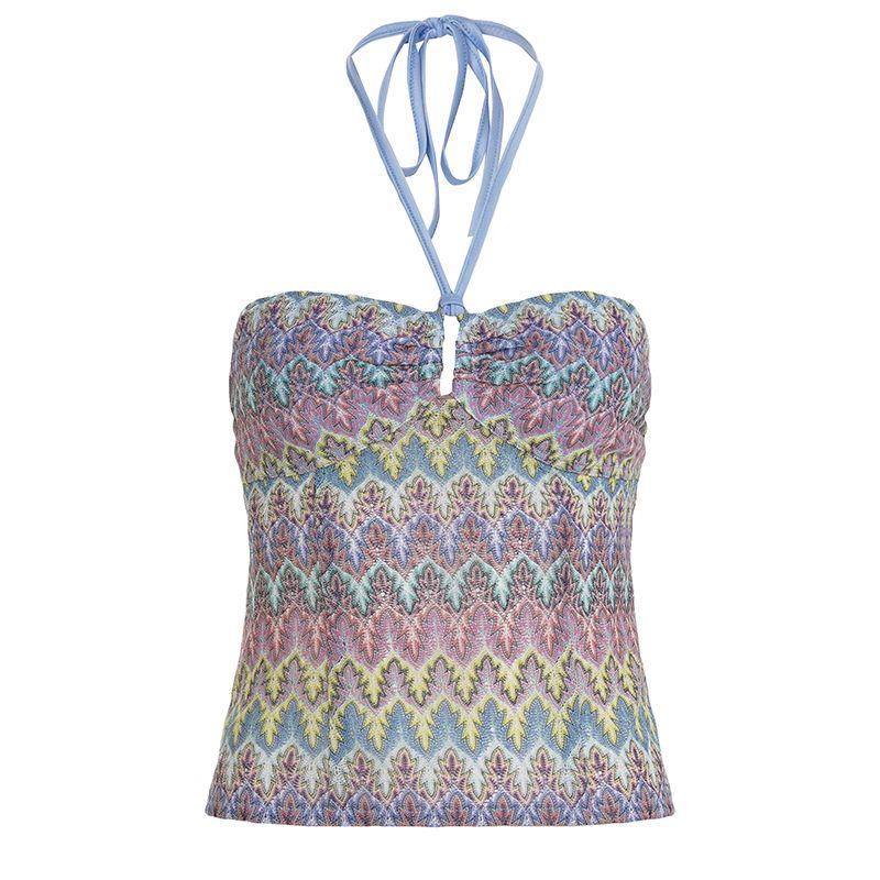 H Home European and American Women's Clothing Bohemia Retro Color Stripes Woven Halter Spaghetti Straps Niche Style Hollow Sexy Tube Top