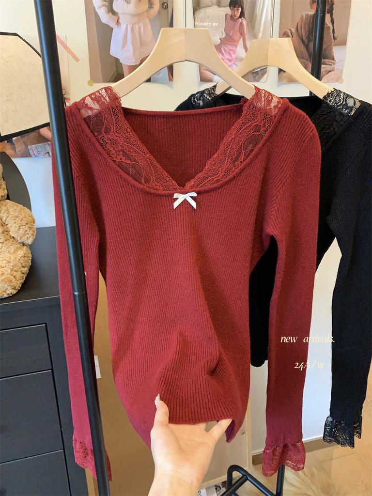 Spring Christmas red lace collar knitted bottoming shirt women's beautiful slim-fitting inner top pure desire wind sweater