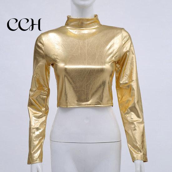 Club Crop Top Women Glossy Faux Leather Half-high Collar Solid Color Waist-exposed Long Sleeve Skinny Pullover Elastic Nightclub Stage Show