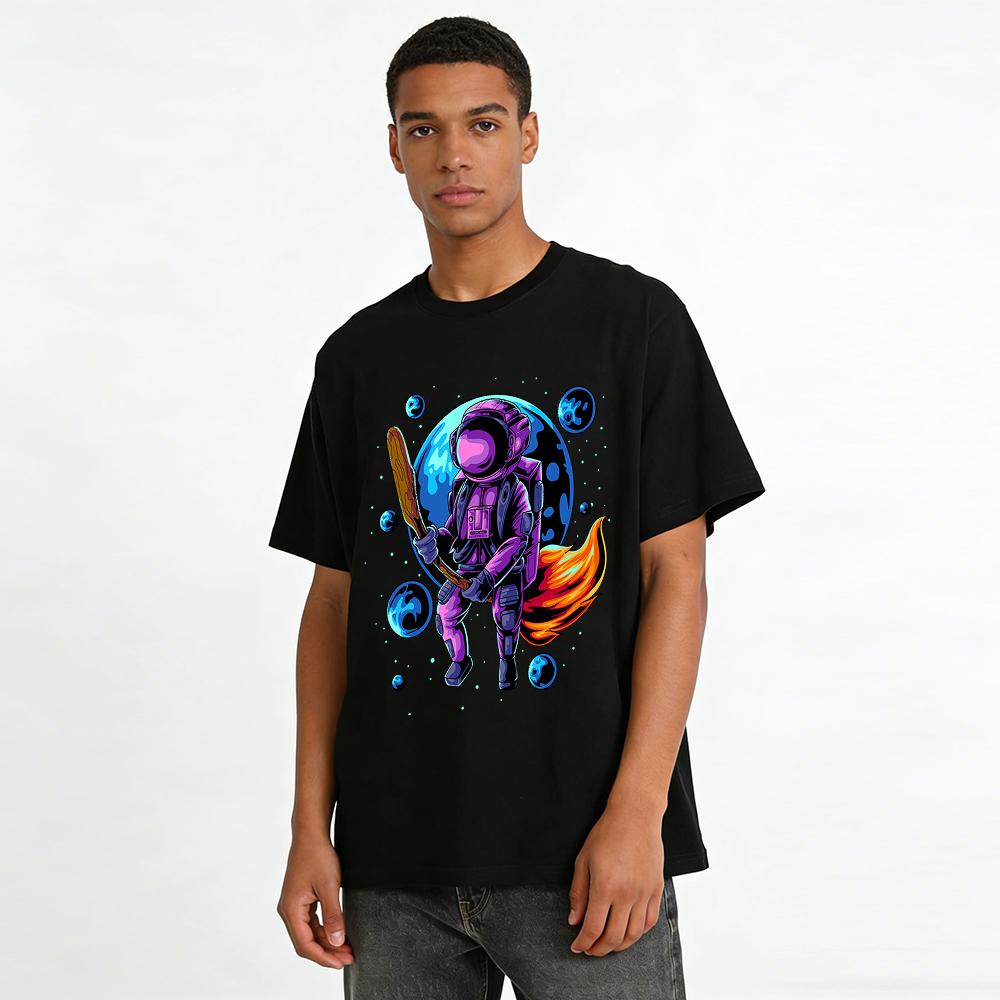 Astronaut Baseball Player Graphic Casual Tee Pure cotton T-shirt