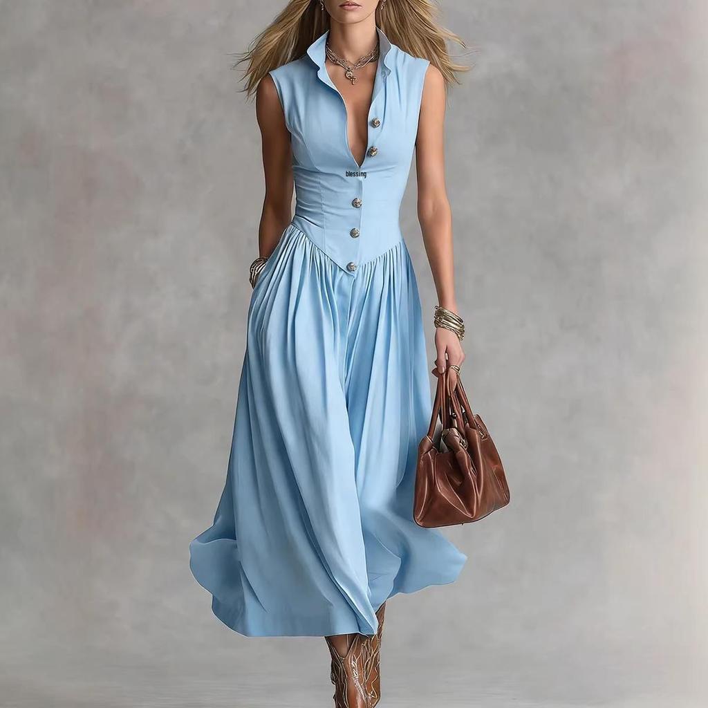 Spring 2026 French Style Elegant Slimming Lapel Multi-Button Long Dress for Women