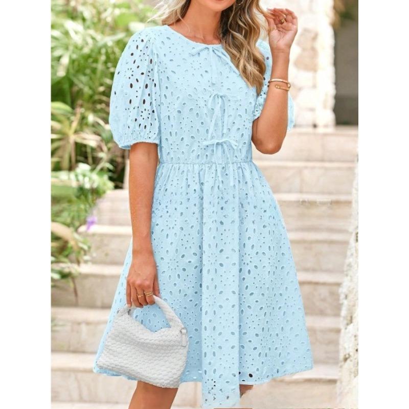 VEZFAA Damesmode Zomer Lente Effen Kleur Print Korte Mouw O-hals Hoge Taille Casual Jurken