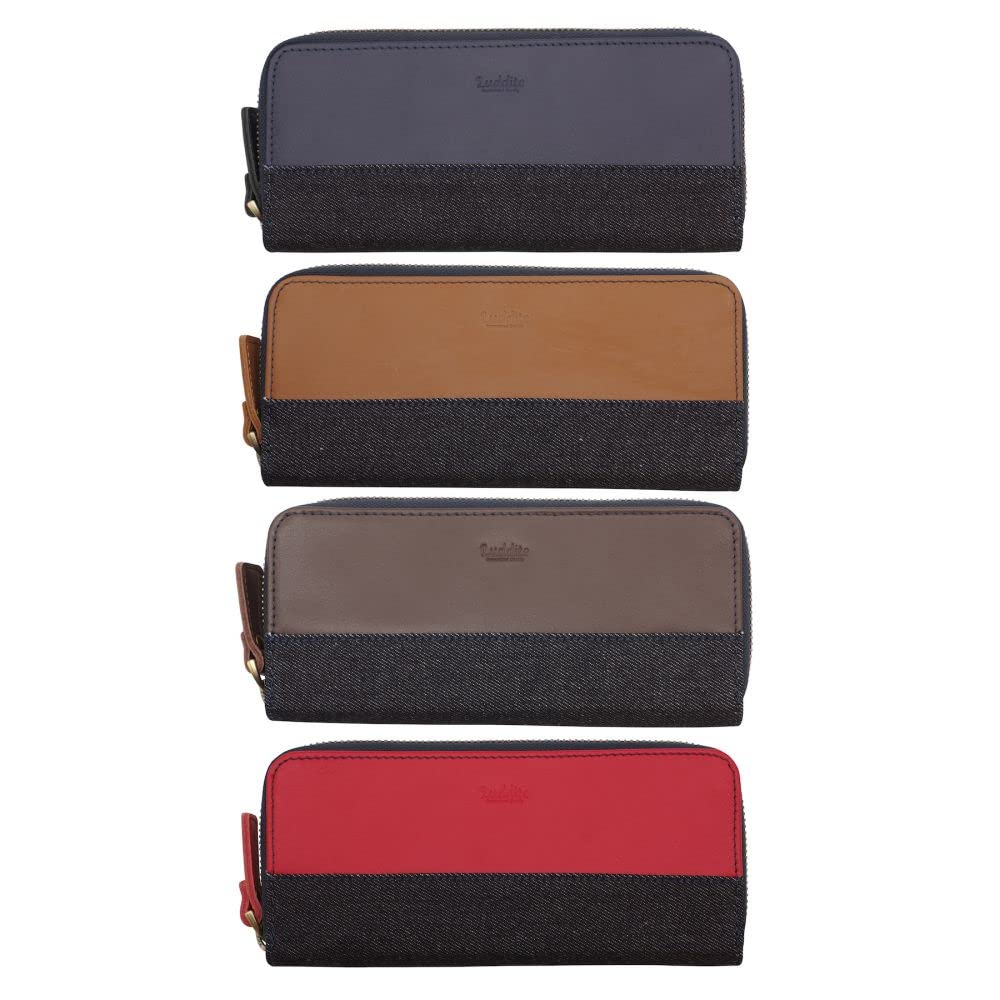 Luddite Leather Combination Round Zip Pen Case Denim and Genuine Leather Pencil Case (2) [Red] LDKC-RZP2-03