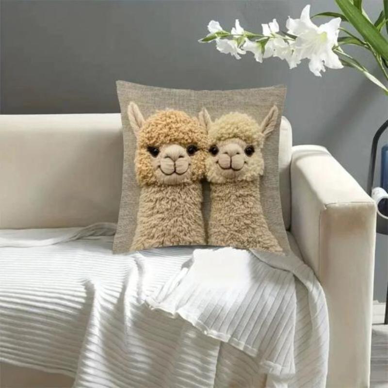 Alpaca Pillow Cover Imitation Embroidery Alpaca Pattern Pillowcase Rustic Throw Pillow Cover for Sofa Couch Bedroom Living Room Car Decor