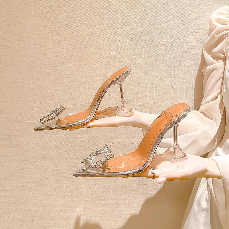 Baotou sandals women's spring and summer new transparent crystal thin heel pointed high heels