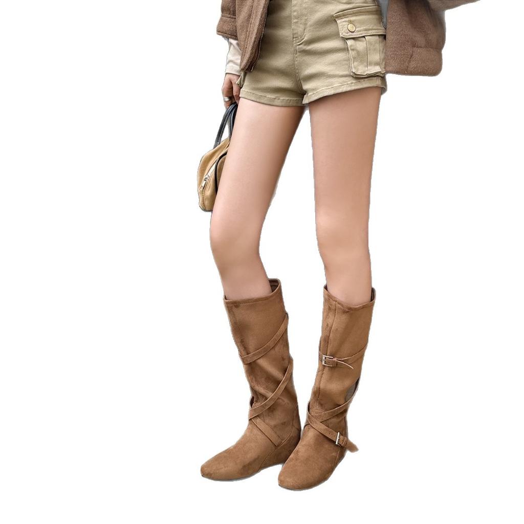 Inner heightening pleated stacking boots women's 2025 autumn and winter new cross buckle belt medium and high western boots long boots knight boots