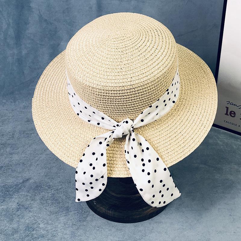 Flat top hat women's summer elegant polka dot straw hat seaside beach sun protection sun hat British top hat fresh sun hat