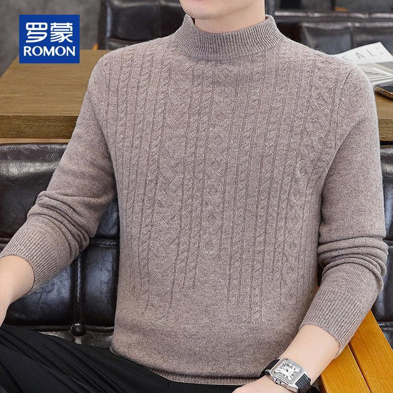 ROMON Men's 100% Pure Wool Cable Knit Mock Neck Sweater
