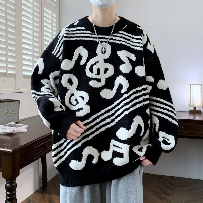 

Hot Selling Winter New Fashion Music Towel Embroidered Jacquard Sweater Couple Knitwear M чорний