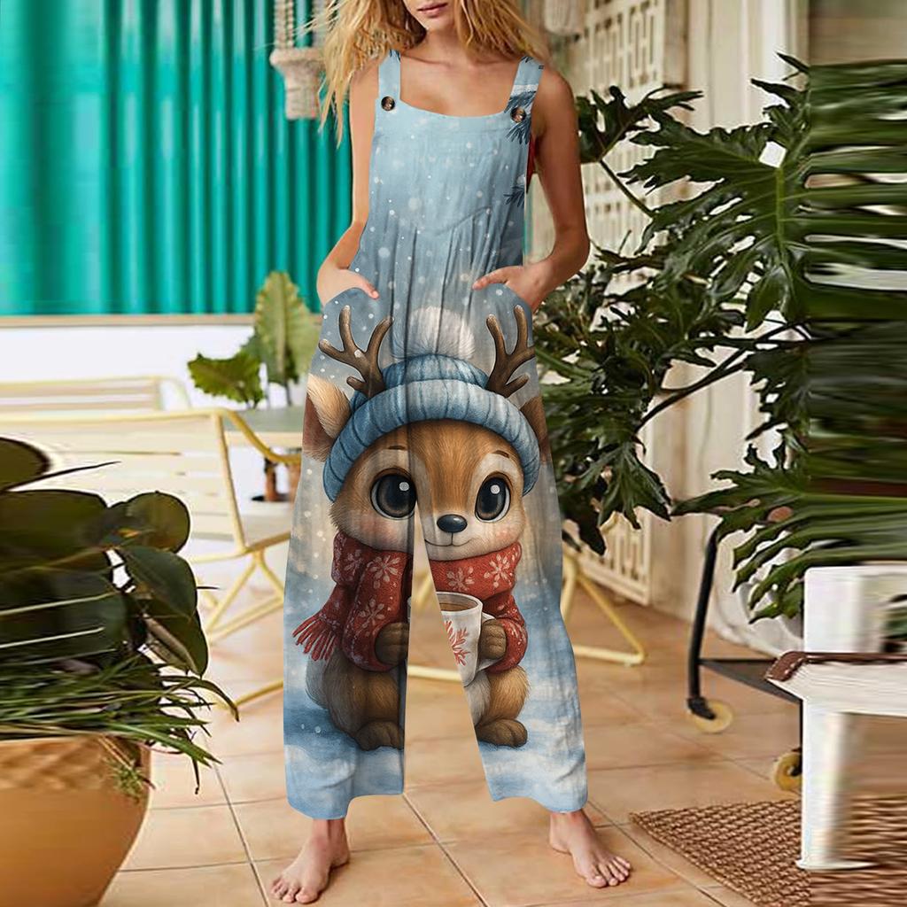 Women's Casual Jumpsuit Sleeveless Christmas Printed Cotton Jumpsuit