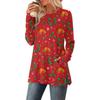 Women's Christmas Printed Round-neck Long-sleeved Top With Pockets And Side Slits