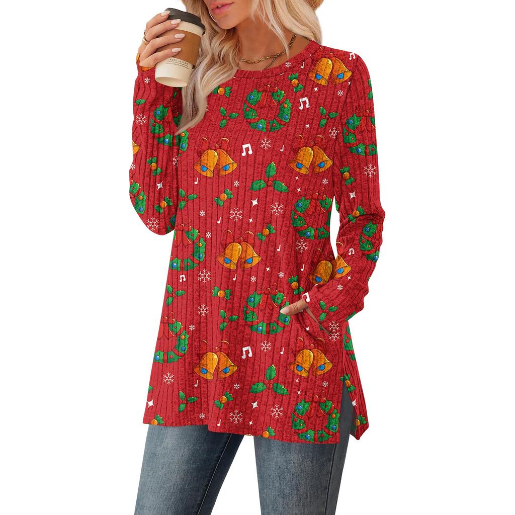 Women's Christmas Printed Round-neck Long-sleeved Top With Pockets And Side Slits