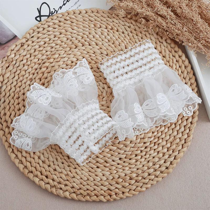 White Mesh Bow Romantic Lace Ruffle Hand Sleeves Sweet Detachable Sweater Blouse Coat Decoration Fake Cuffs Elastic Horn Cuff