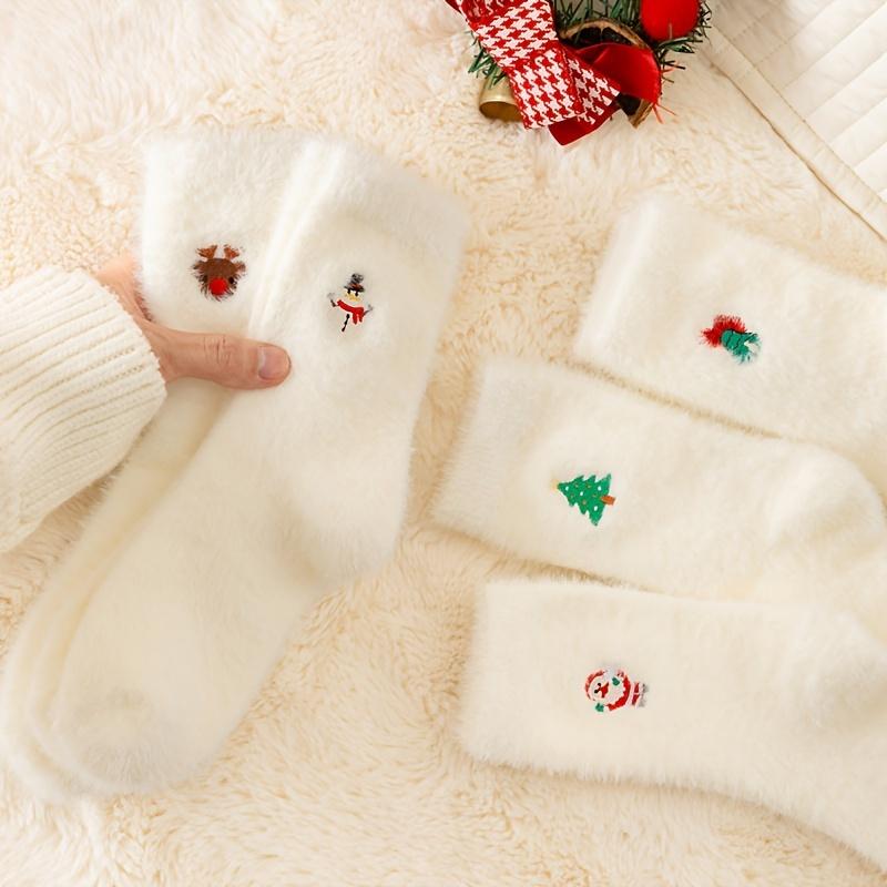 5pcs Cozy White Plush Christmas Socks for Teens Thick & Warm with Festive Designs - Soft Polyester/Spandex Blend Winter Floor