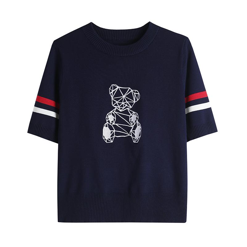 

Літній жіночий в язаний светр з вишивкою з мультфільмом ведмідь, футболка для дівчаток, студентка, пуловер, джемпер One Size темно-синього кольору