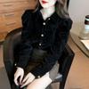 Women's Chic Black Velvet Puff Sleeve Top - Retro Court Style, Designer, Plus Velvet, Perfect for Autumn/Winter