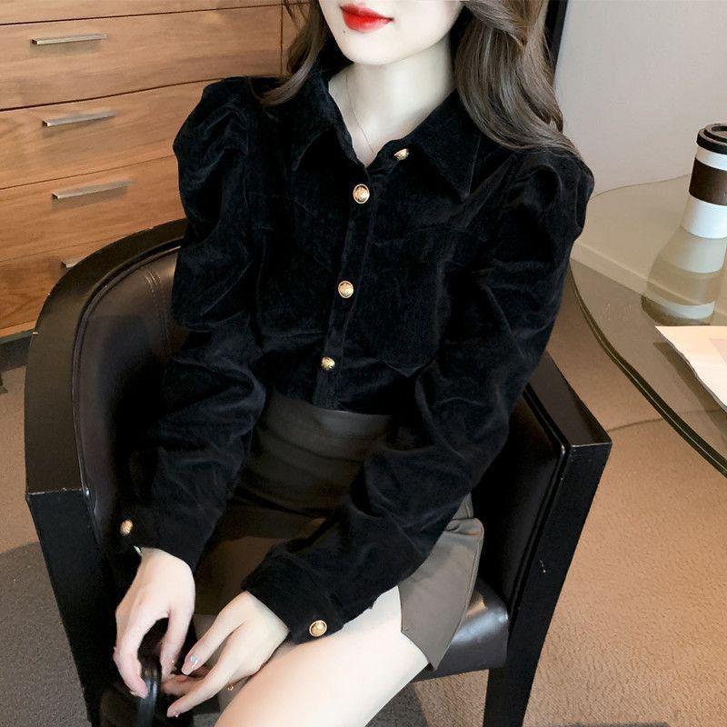 Women's Chic Black Velvet Puff Sleeve Top - Retro Court Style, Designer, Plus Velvet, Perfect for Autumn/Winter