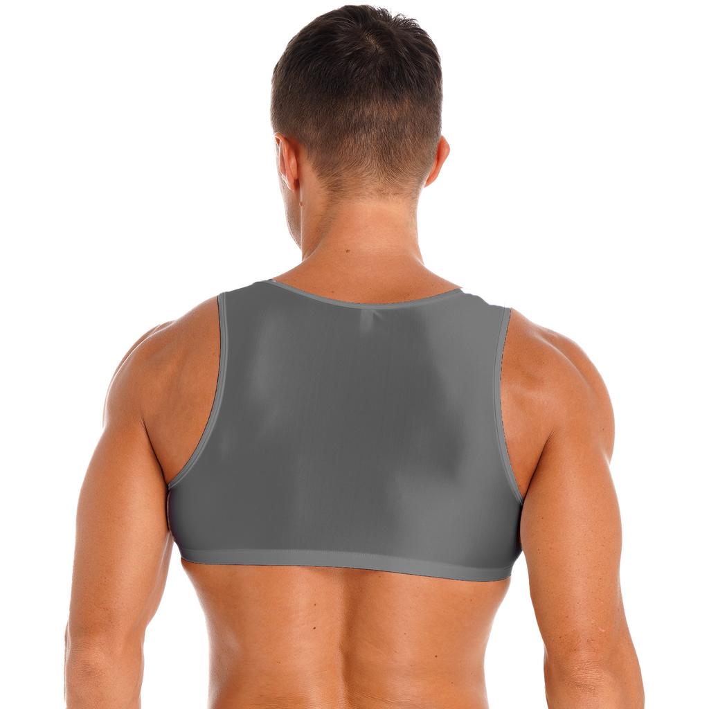 Mens Glossy Vest Cropped Tank Top Sleeveless Design Round Neck Solid Color Swimwear Nightwear Tops