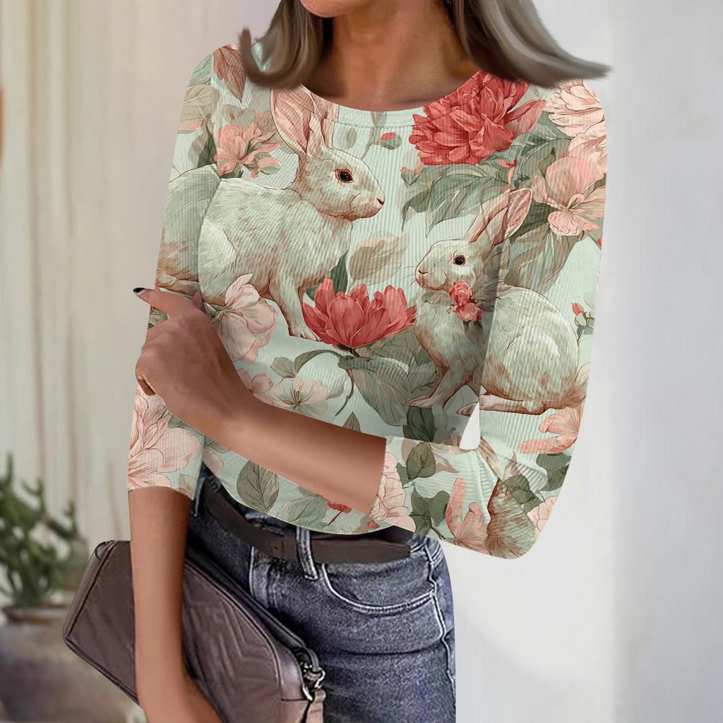 Women's Casual Fashion Round Neck Easter Print Three-Quarter Sleeve Ribbed Top