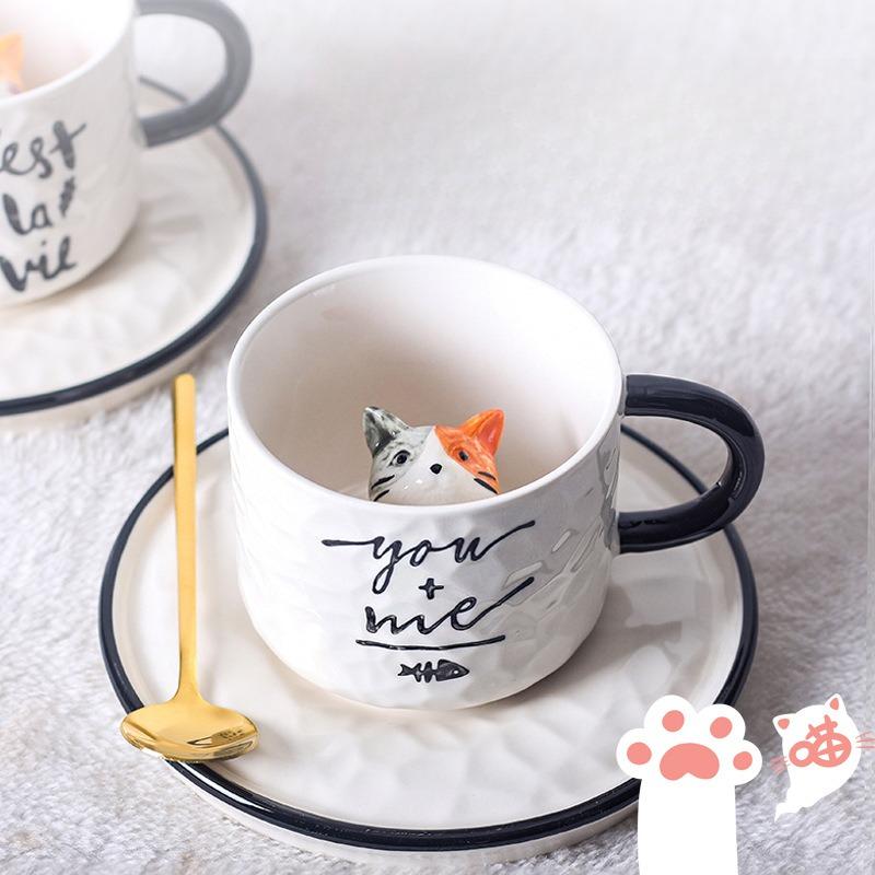Ceramic Coffee Mug Set with Saucer Mini Cute Cat Couple Cup Creative Trendy Design