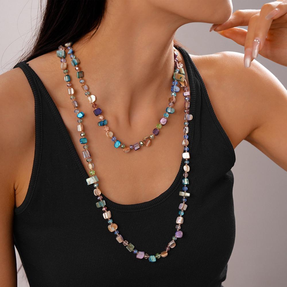 Coconut Shell Long Beaded Colorful Irregular Beaded Vintage Coated Reflective Glass Beads Chunky Costume Jewelry for Women
