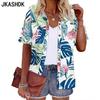 Women's Fashion Casual Summer Spring Flower Pattern Print Short Sleeve POLO Neck Blouses & Shirts
