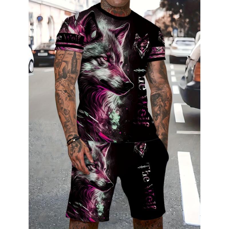 Summer Men's Sports Suit Wolf 3D Printed Short Sleeve T-Shirt and Shorts Set Casual Outfit