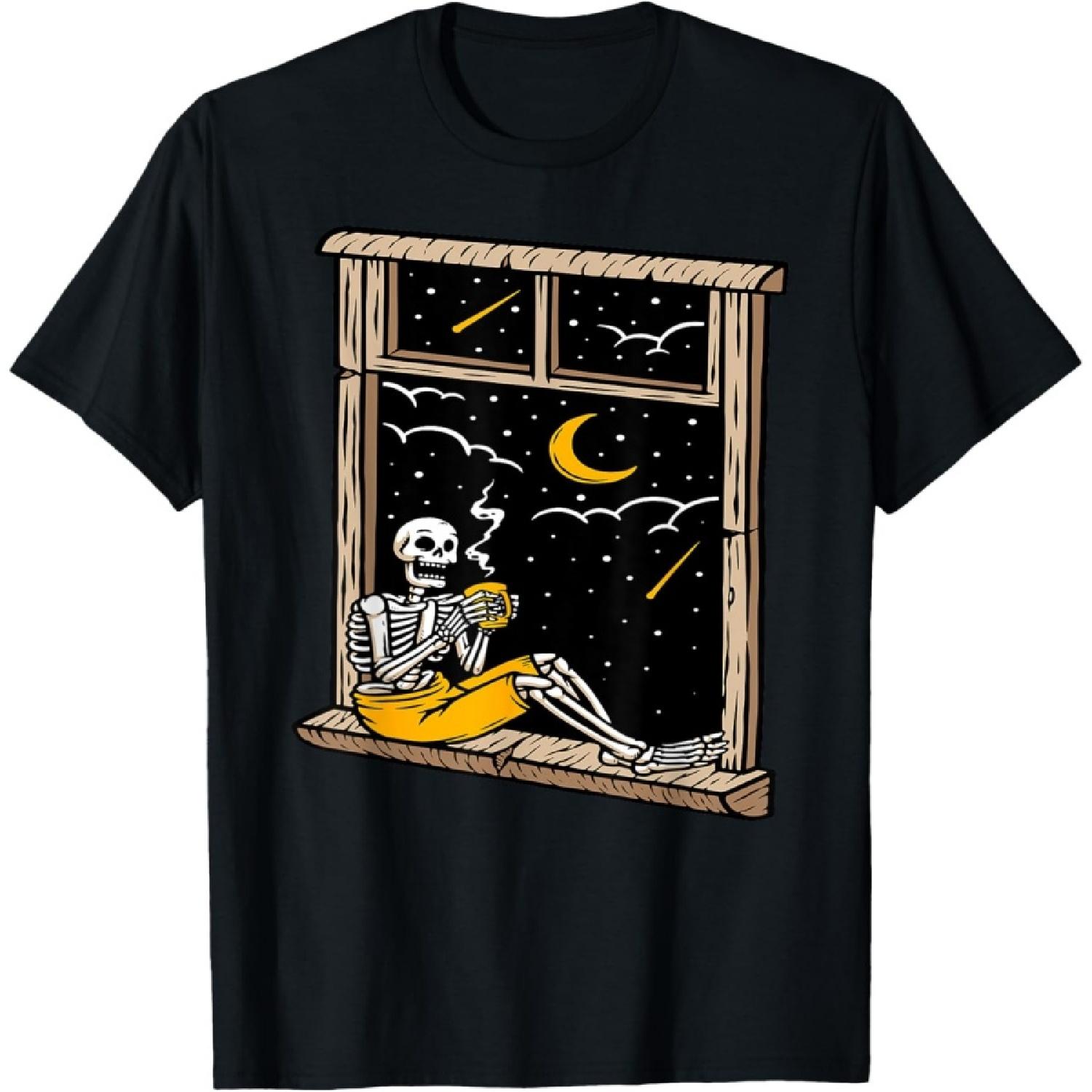 Skeleton Drinking Coffee Lover Funny Halloween Skull Themed T-Shirt S
