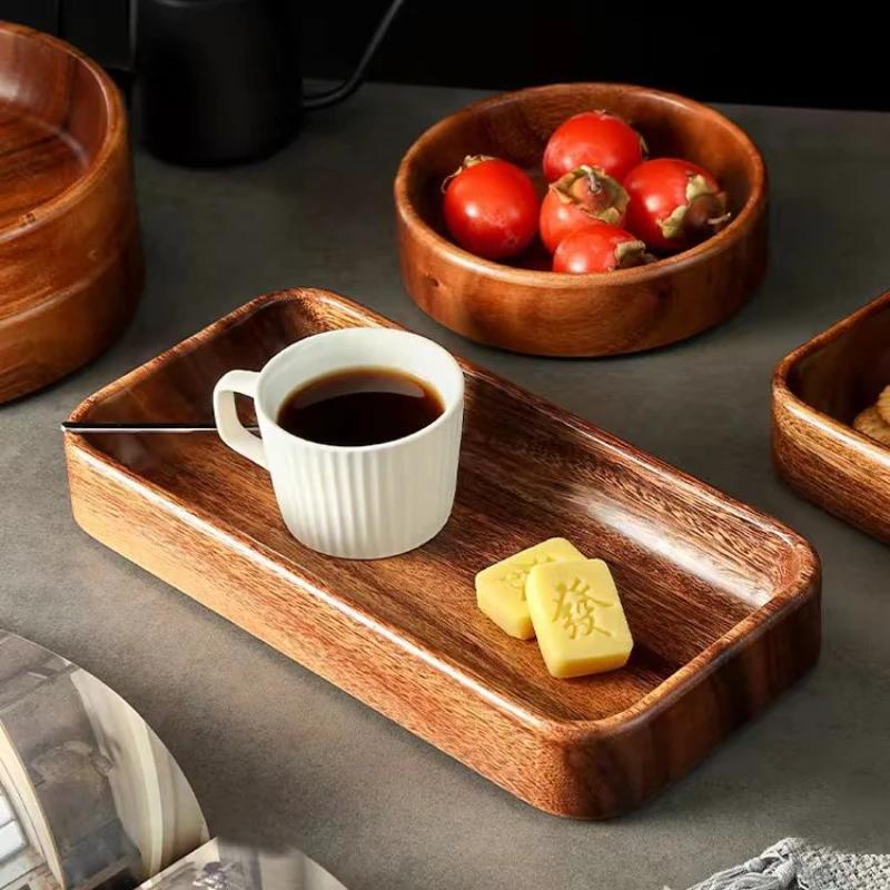 Solid Wood Tray Acacia Wood Premium Kung Fu Tea Small Tray Fruit Snacks Nuts Dessert Plate Desktop Storage Tableware
