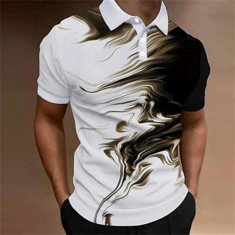 Summer Men's New Short Sleeved Lapel Button Striped 3D Printed Casual Top POLO Shirt