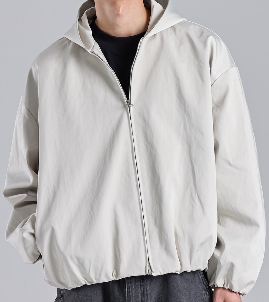 Button Seoul Glossy Texture Two-Way Banded Ribbed Hooded Blouson (White)