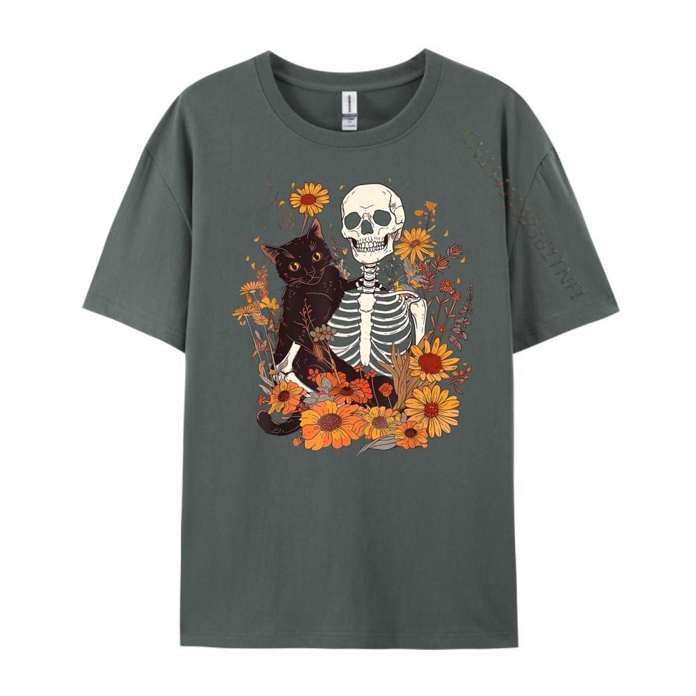 Cat Skeleton Flower Garden Halloween White Graphic Tee Breathable Original Mens TShirts Big And Tall Mothers Day